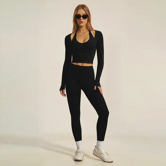 MFVIM Women'S 3-Piece Yoga Workout Sets Women - Cross V-Neck Halter Sports Bra, Slim-Fit Long-Sleeve Cover-Up Top, High-Waisted Butt-Lifting Full-Length Leggings, Soft Second-Skin Activewear