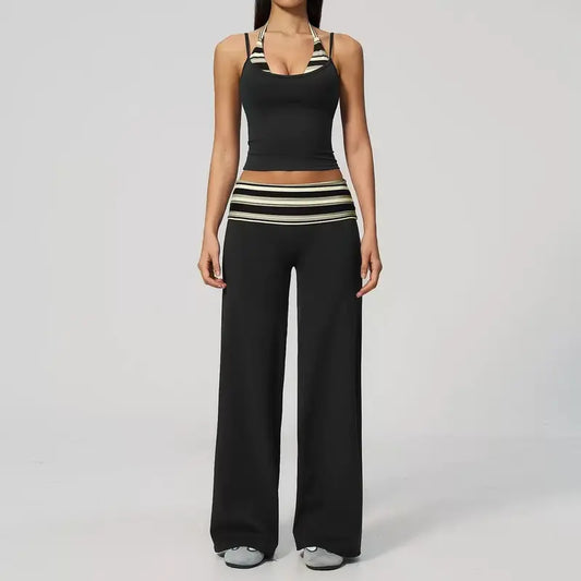 NVWA Women'S 2-Piece Casual Athletic Set Ultra-Stretchy, Breathable & Comfy Yoga Wear, Featuring Halter Spliced Striped/Polka Dot Tops and High-Waisted Hip-Lifting Ruched Wide-Leg Pants. Ideal for Pilates, Gym Training and Daily Outfits,Outdoorfun