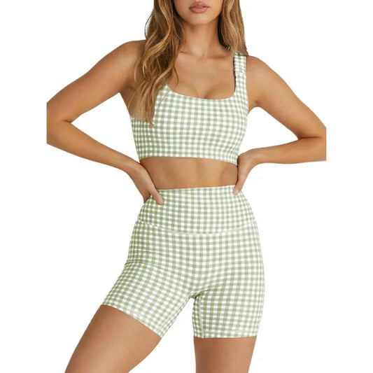 Aoysky Women'S 2-Piece Gingham Print Workout Set - Padded round V-Back Fitted Crop Top, High-Waist Shorts, Matching Set for Yoga, Fitness