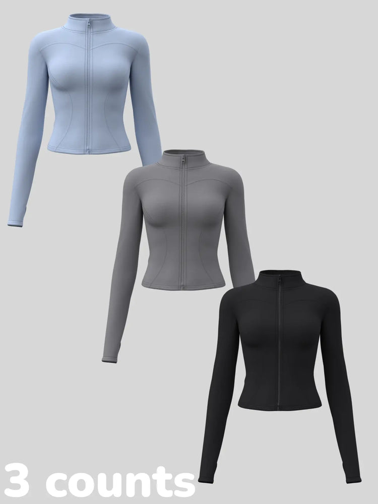 Elevate Your Workout: Women's 3-Pack Long-Sleeve Yoga Jackets - Slim-Fit, Quick-Dry with High-Neck & Thumbholes - Black Friday Special!