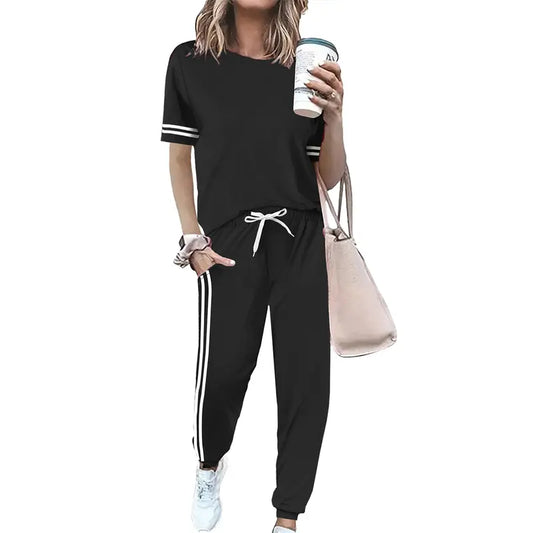 AUXDIO Women'S 2-Piece Athleisure Activewear Set - Crew Neck Short Sleeve Top, High Waist Drawstring Cuffed Pants, Color-Block Stripes, Relaxed Figure-Flattering Cut, Pockets, Soft Breathable Workout Sets for Home & Casual Use, 2 Piece Sets,Sohochic