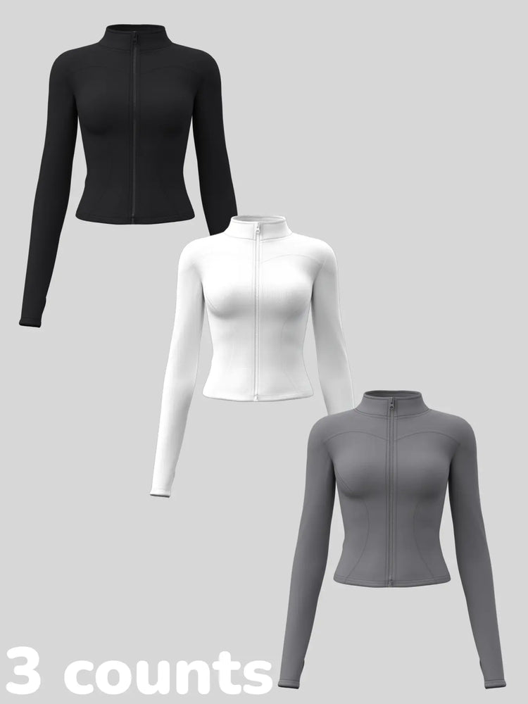 Elevate Your Workout: Women's 3-Pack Long-Sleeve Yoga Jackets - Slim-Fit, Quick-Dry with High-Neck & Thumbholes - Black Friday Special!