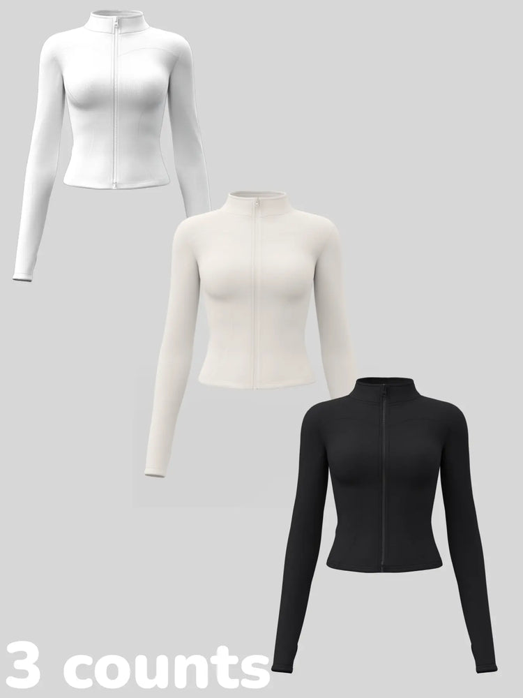 Elevate Your Workout: Women's 3-Pack Long-Sleeve Yoga Jackets - Slim-Fit, Quick-Dry with High-Neck & Thumbholes - Black Friday Special!